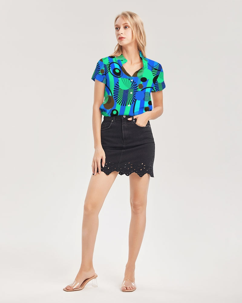 Blue Green Stripes and Dots Women's Short Sleeve Button Up