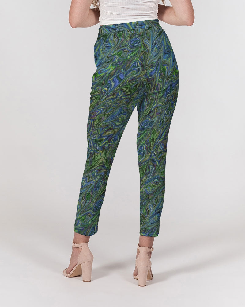 Blue Green Liquid Marbling Women's Belted Tapered Pants