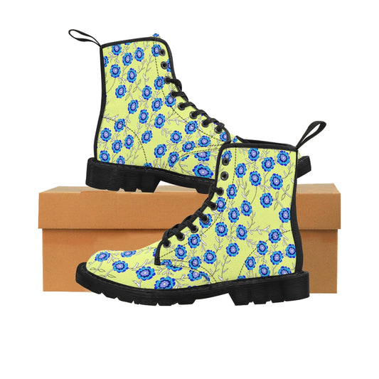 Blue Flowers On Yellow Women's Canvas Boots