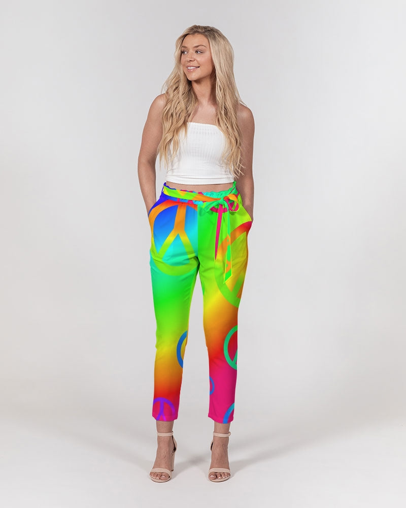 Rainbow Peace Signs Women's Belted Tapered Pants
