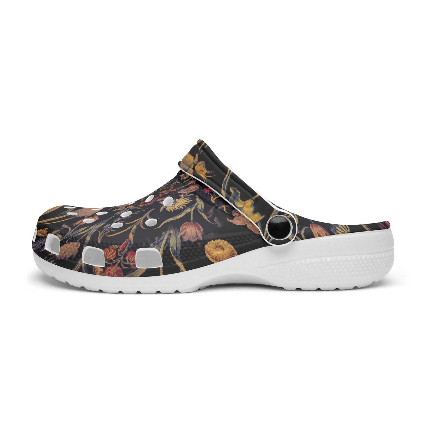 Medieval Flowers On Black 413. All Over Printed Clogs