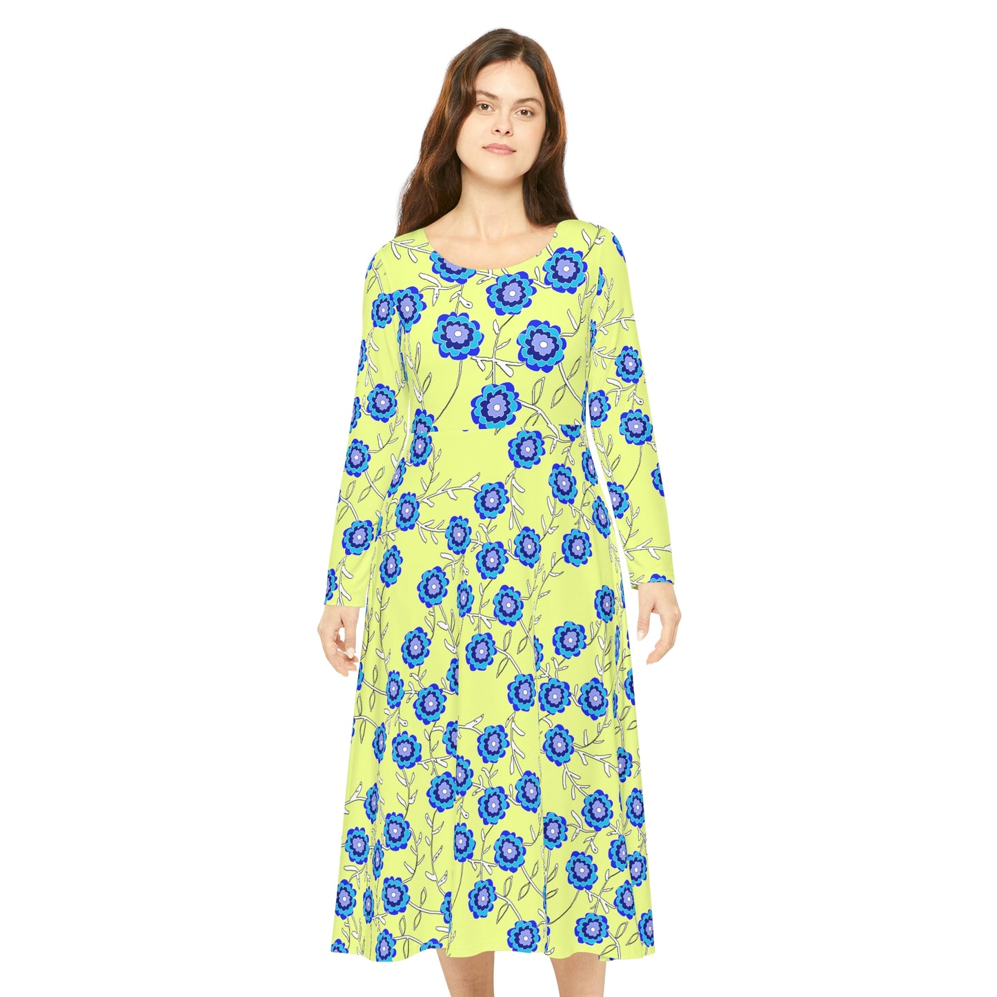 Blue Flowers on Yellow Women's Long Sleeve Dance Dress (AOP)