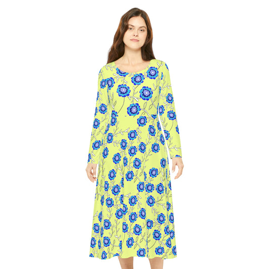 Blue Flowers on Yellow Women's Long Sleeve Dance Dress (AOP)