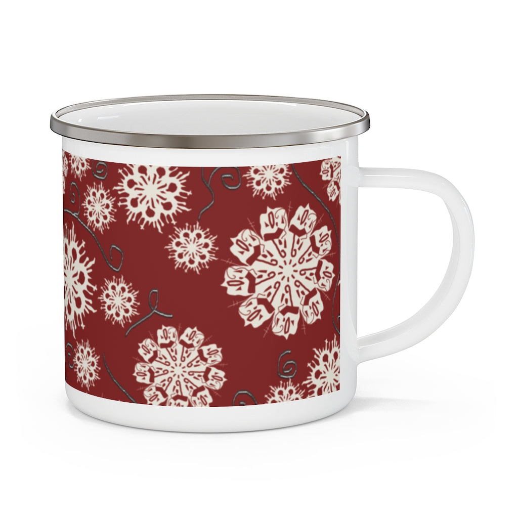 Snowflakes on Red Enamel Camping Mug