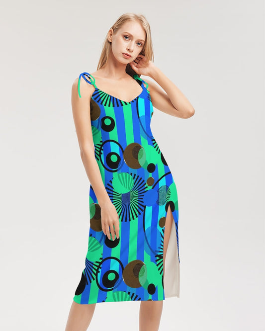 Blue Green Stripes and Dots Women's Tie Strap Split Dress