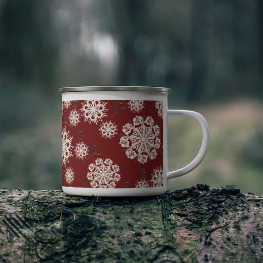 Snowflakes on Red Enamel Camping Mug