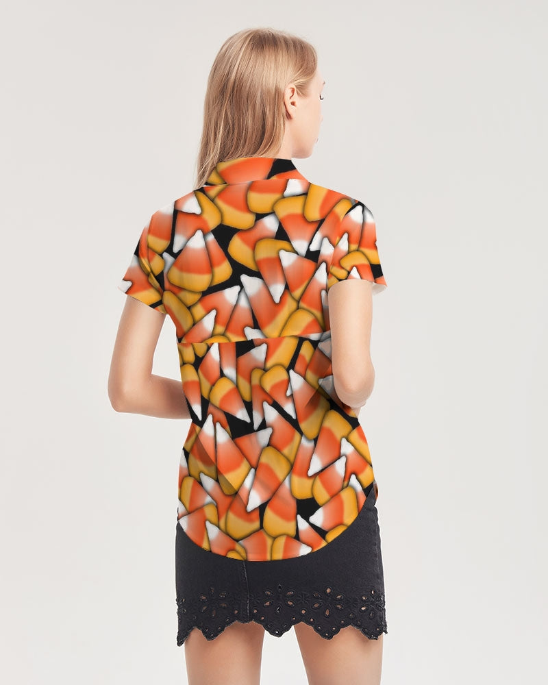 Candy Corn Pattern Women's Short Sleeve Button Up