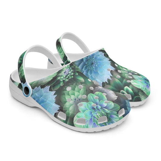Blue Green Dahlias 413. All Over Printed Clogs