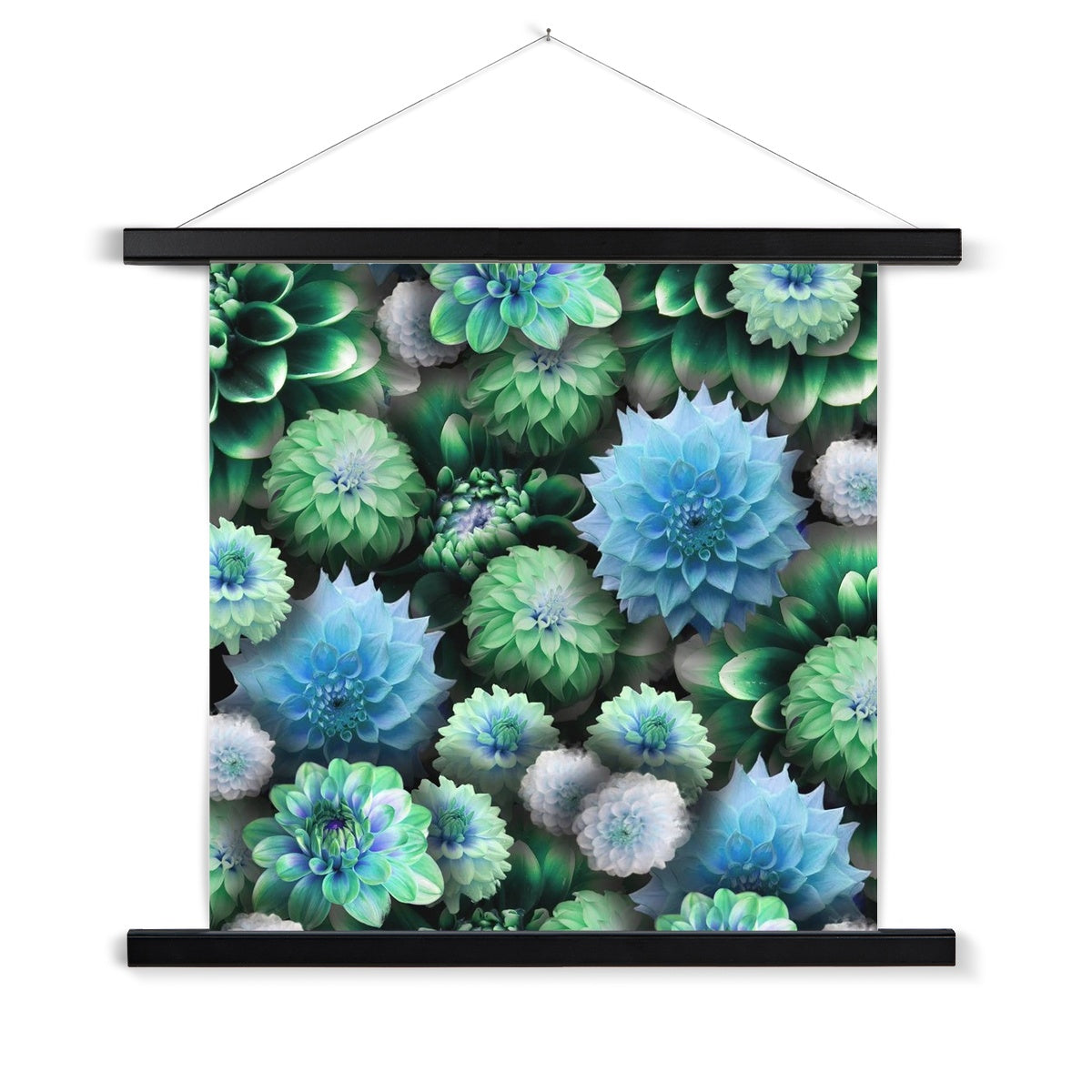 Blue Green Dahlias Fine Art Print with Hanger
