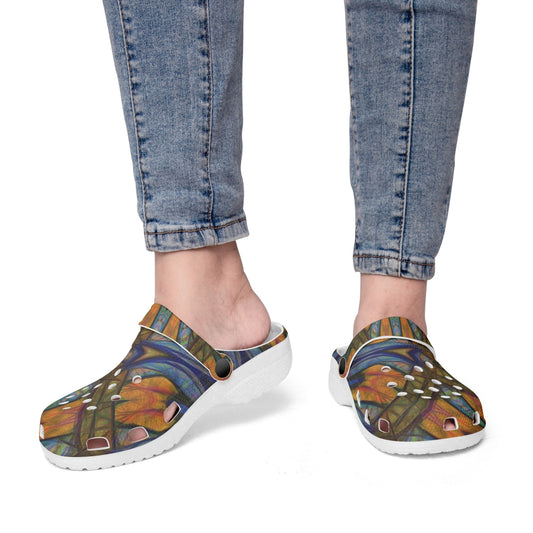 Blue Orange Sketch Kaleidoscope 413. All Over Printed Clogs