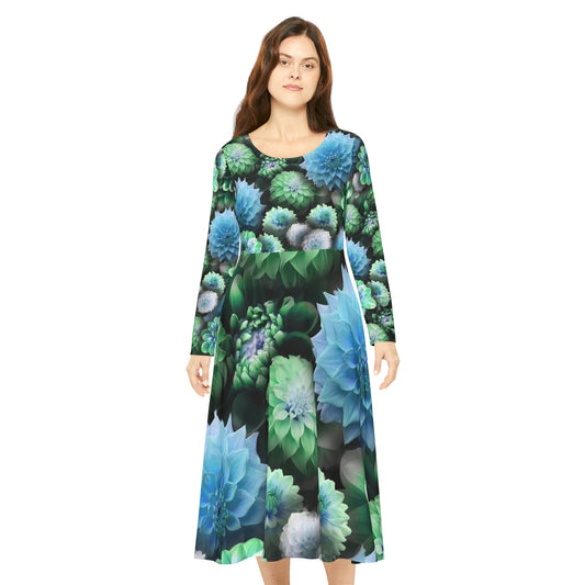 Blue Green Dahlias Collage Women's Long Sleeve Dance Dress (AOP)