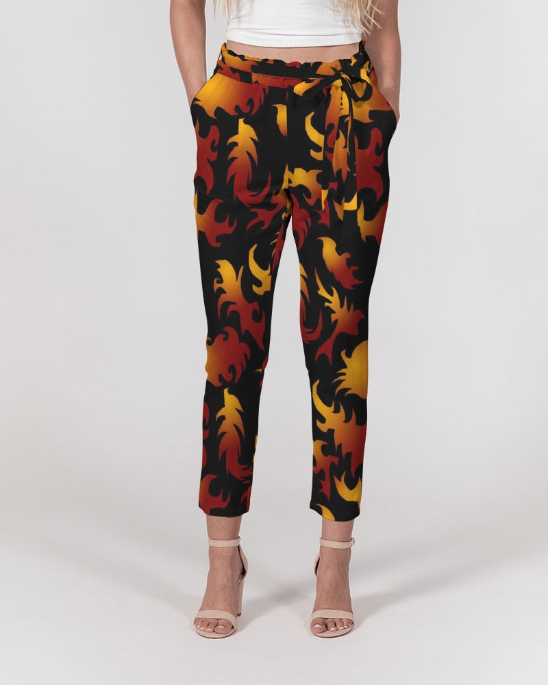 Abstract Flames Pattern  Women's Belted Tapered Pants