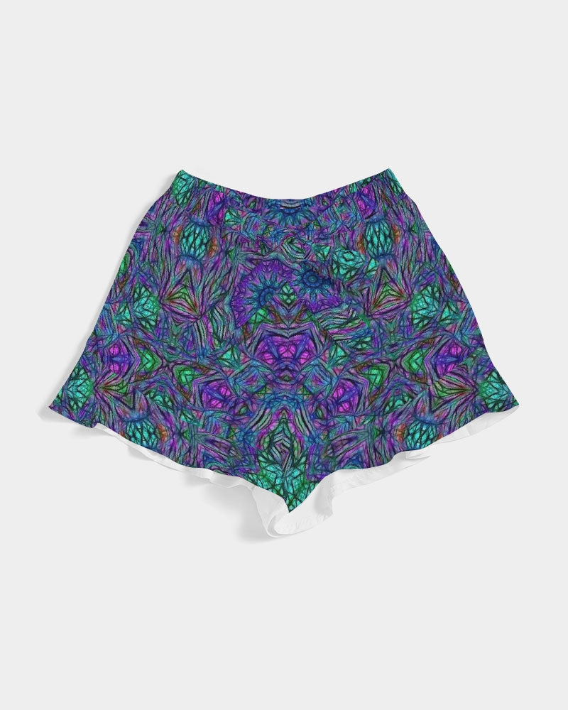 Blue Green Purple Kaleidoscope Women's Ruffle Shorts
