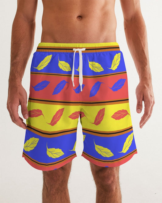 Red Yellow and Blue Leaf Stripes Men's Swim Trunk