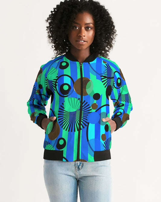 Blue Green Stripes and Dots Women's Bomber Jacket