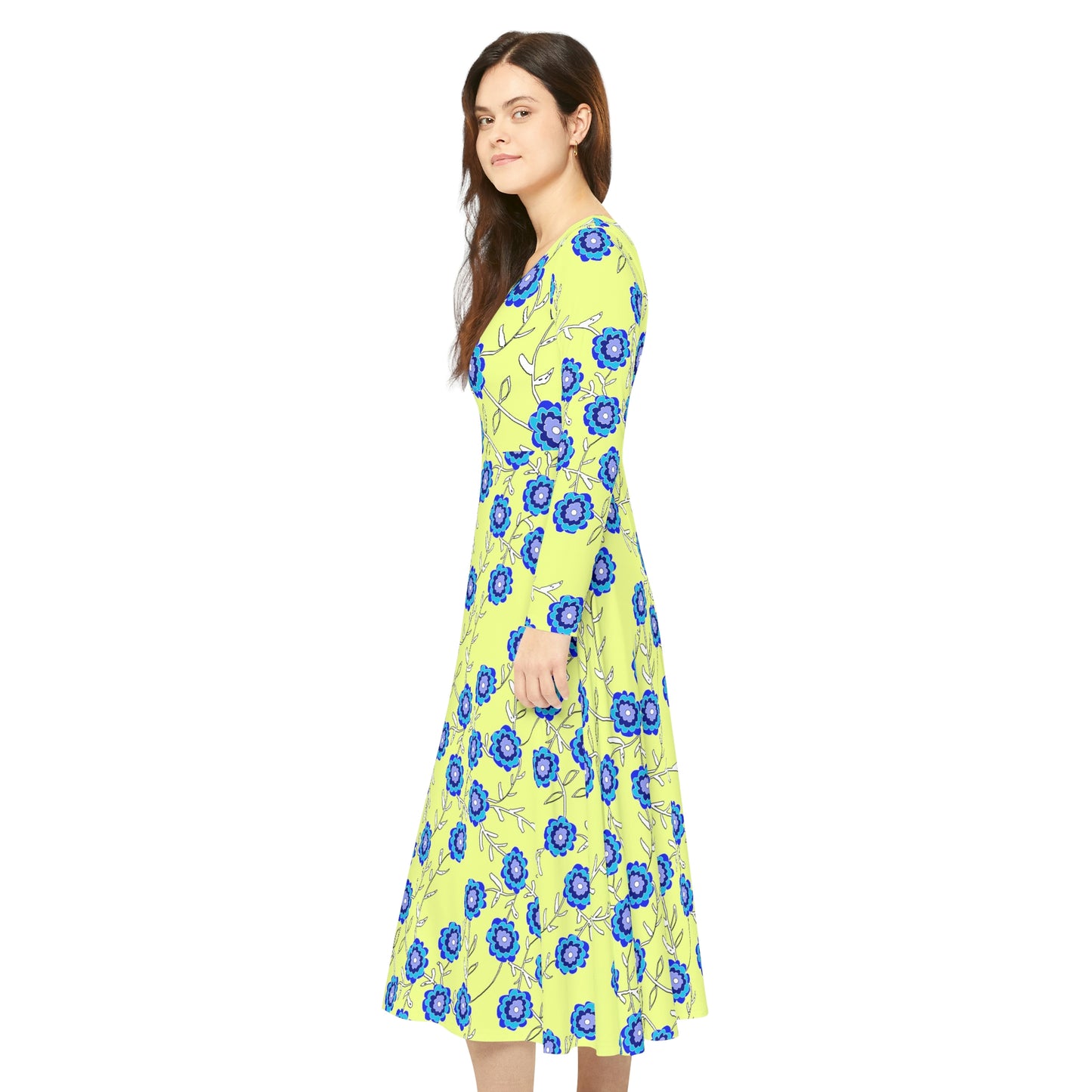 Blue Flowers on Yellow Women's Long Sleeve Dance Dress (AOP)