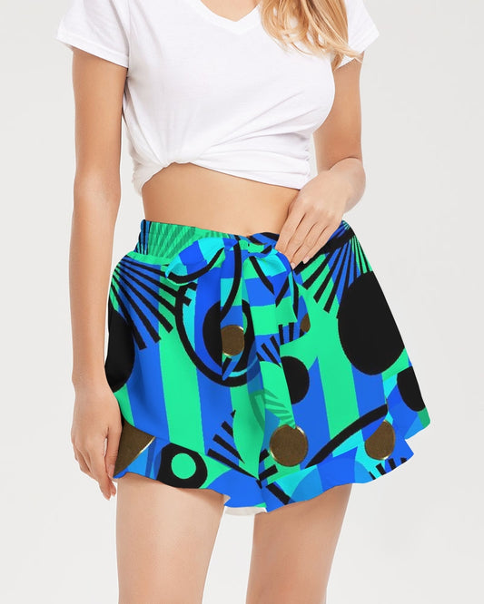 Blue Green Stripes and Dots Women's Ruffle Shorts