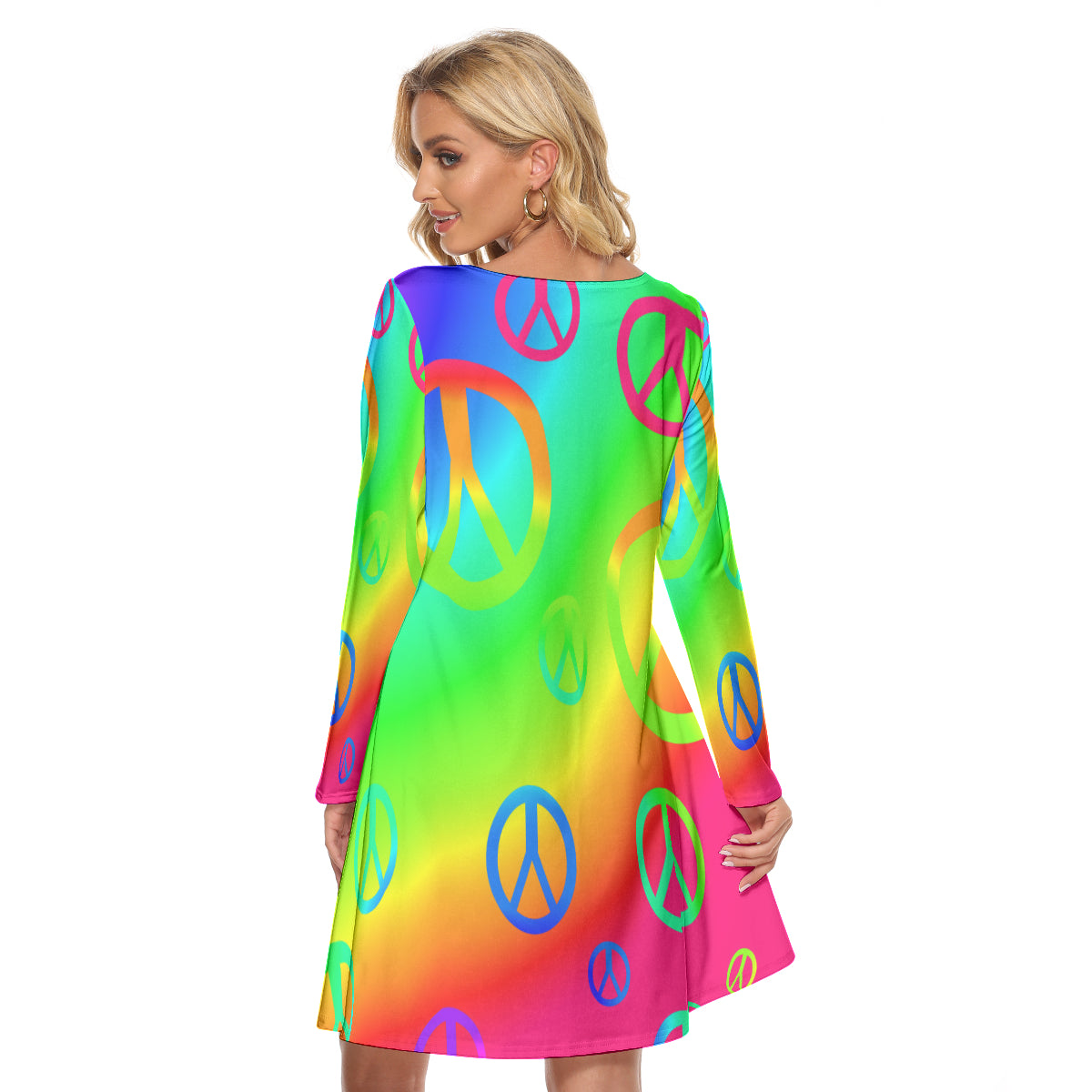 Rainbow Peace Signs All-Over Print Women's Crew Neck Dress