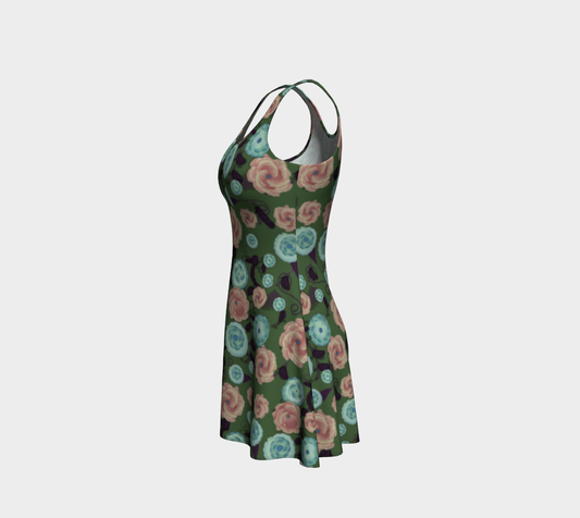 Earthy Peach and Turquoise Flower Pattern Flare Dress