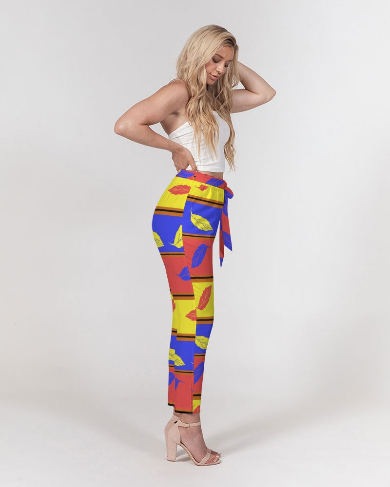 Red Yellow and Blue Leaf Stripes Women's Belted Tapered Pants