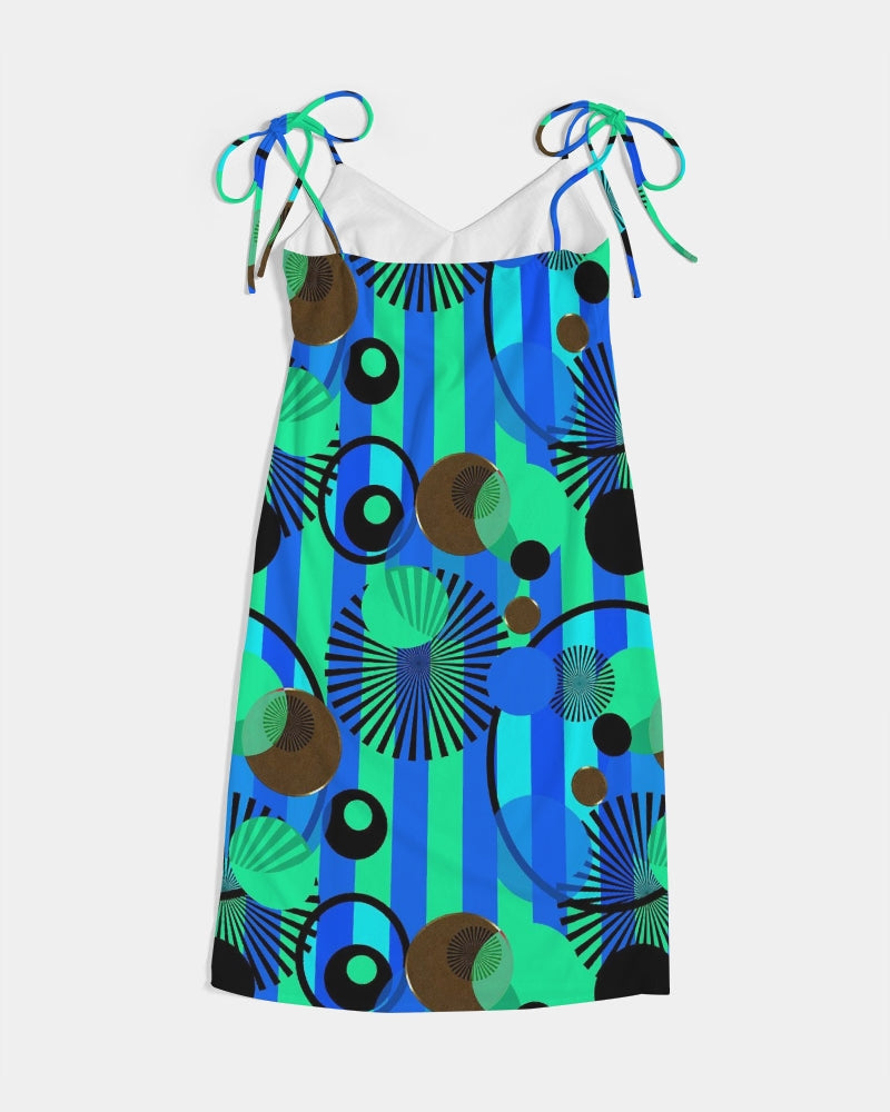 Blue Green Stripes and Dots Women's Tie Strap Split Dress