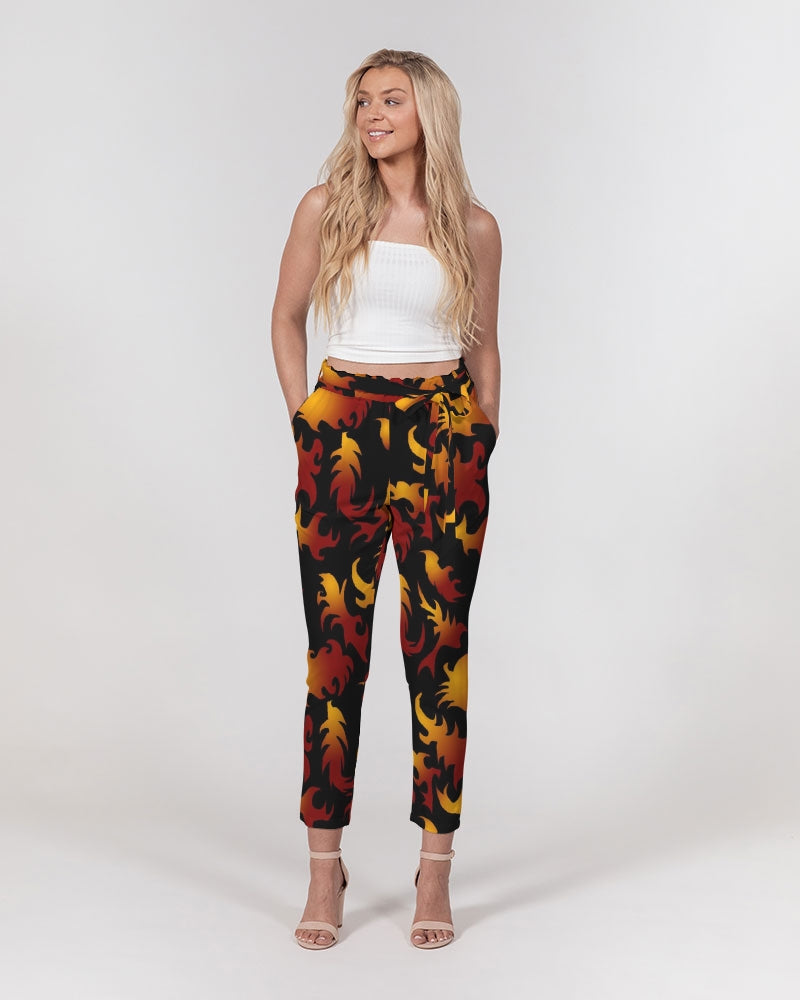 Abstract Flames Pattern  Women's Belted Tapered Pants