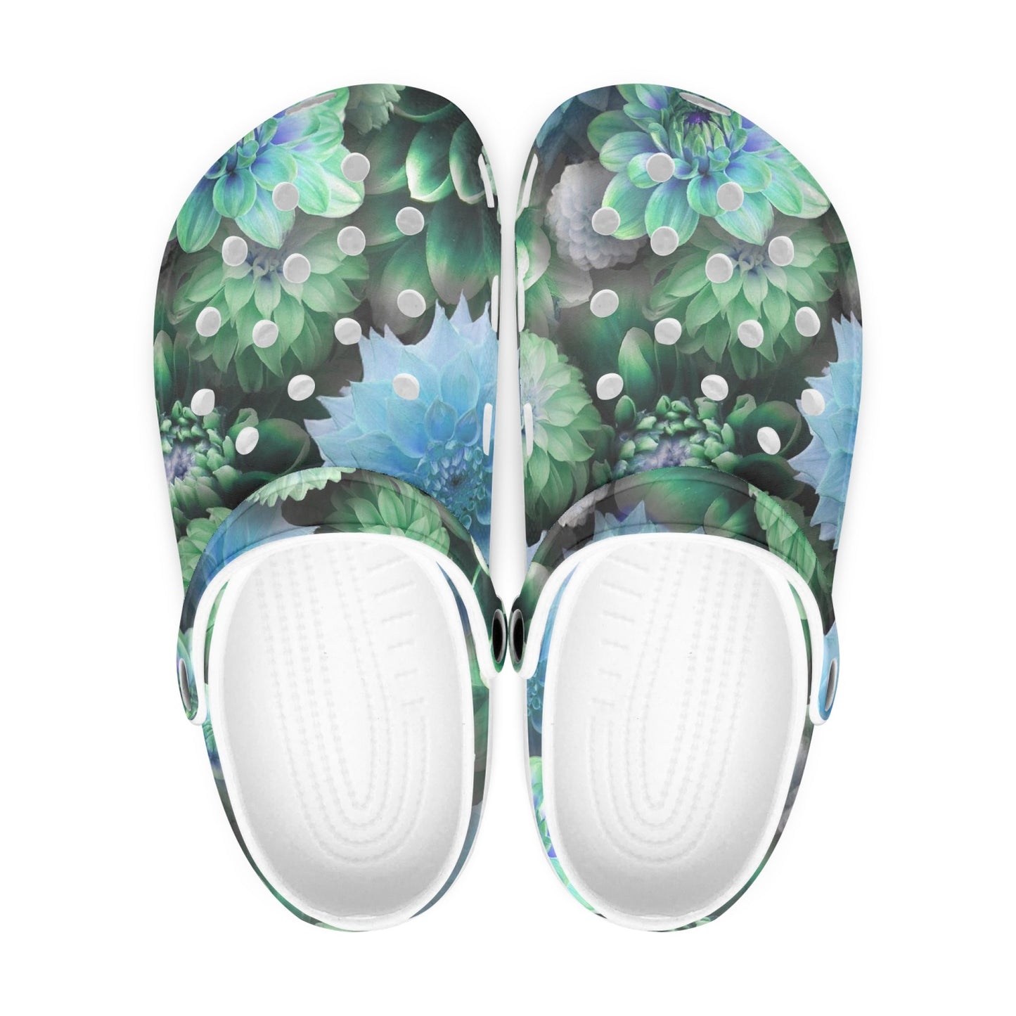 Blue Green Dahlias 413. All Over Printed Clogs