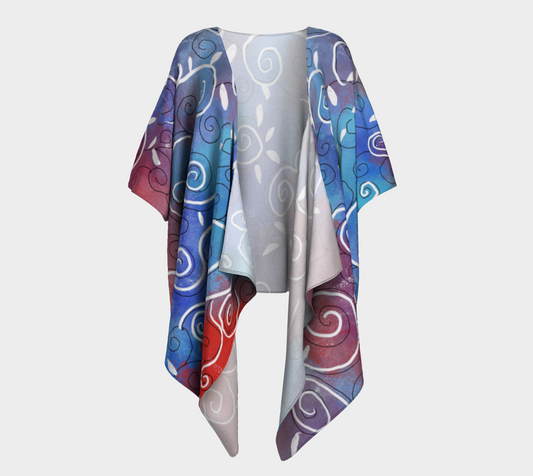 White Swirls on red and Blue Draped Kimono