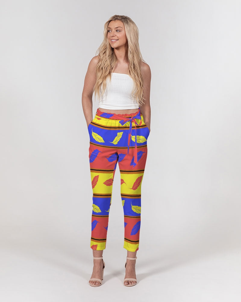 Red Yellow and Blue Leaf Stripes Women's Belted Tapered Pants