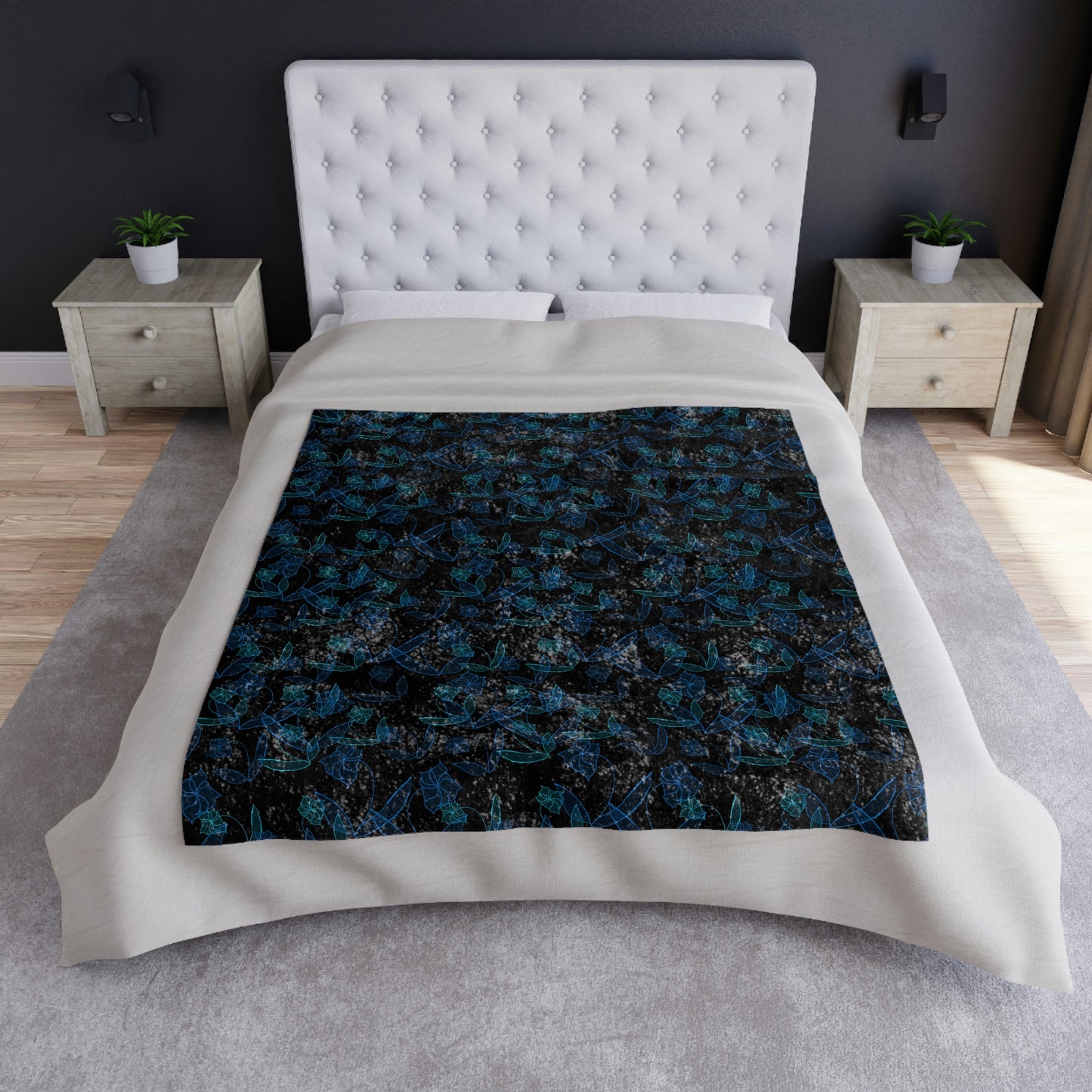 Blue Lillies On Black Crushed Velvet Blanket