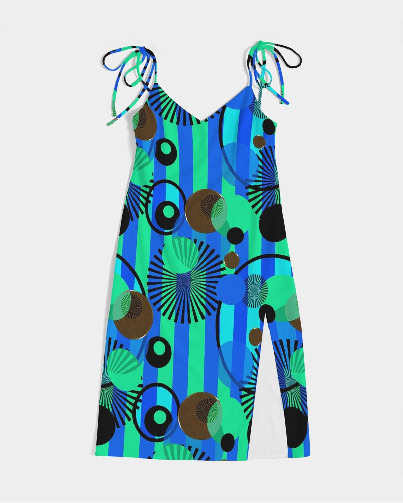 Blue Green Stripes and Dots Women's Tie Strap Split Dress