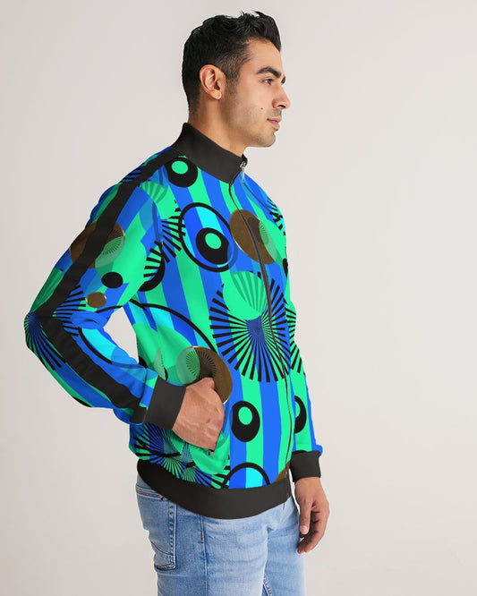 Blue Green Stripes and Dots Men's Stripe-Sleeve Track Jacket