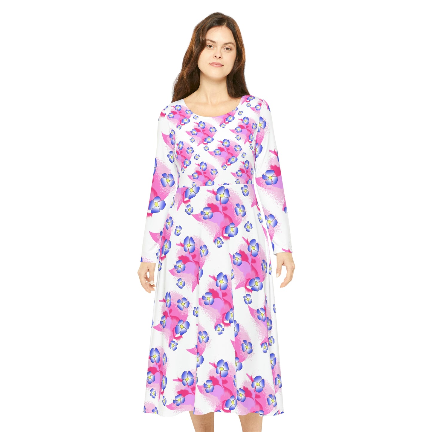 Blue Flowers on Pink Women's Long Sleeve Dance Dress
