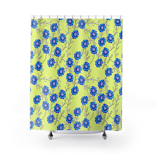 Blue Flowers On Yellow Shower Curtains