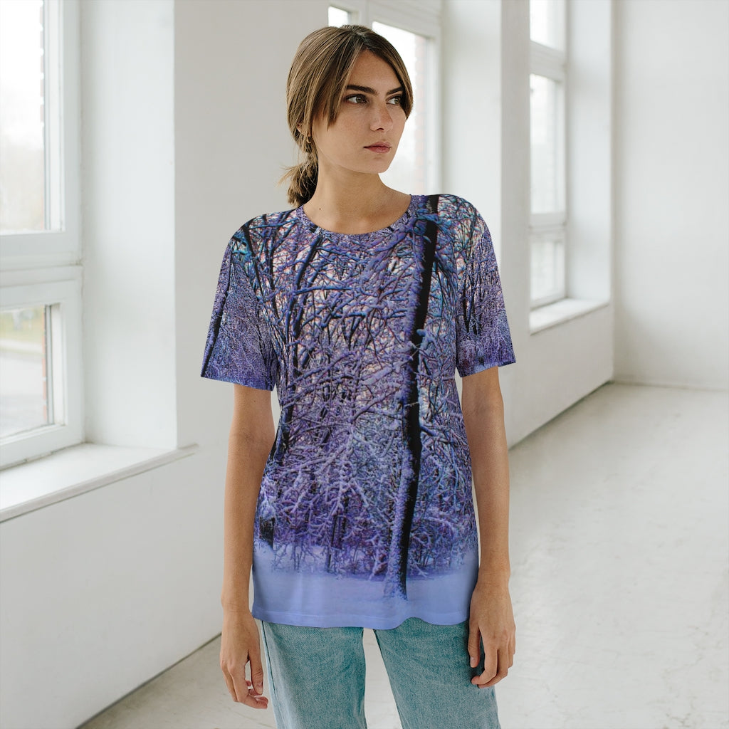 Pink and Blue Snow at Dawn Unisex AOP Cut & Sew T-Shirt