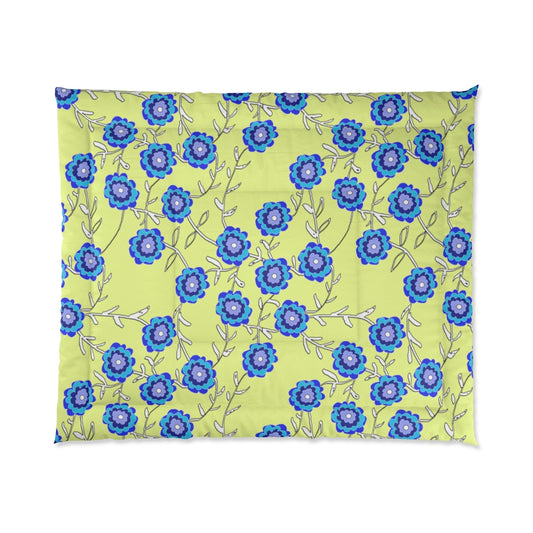 Blue Flowers On Yellow Comforter
