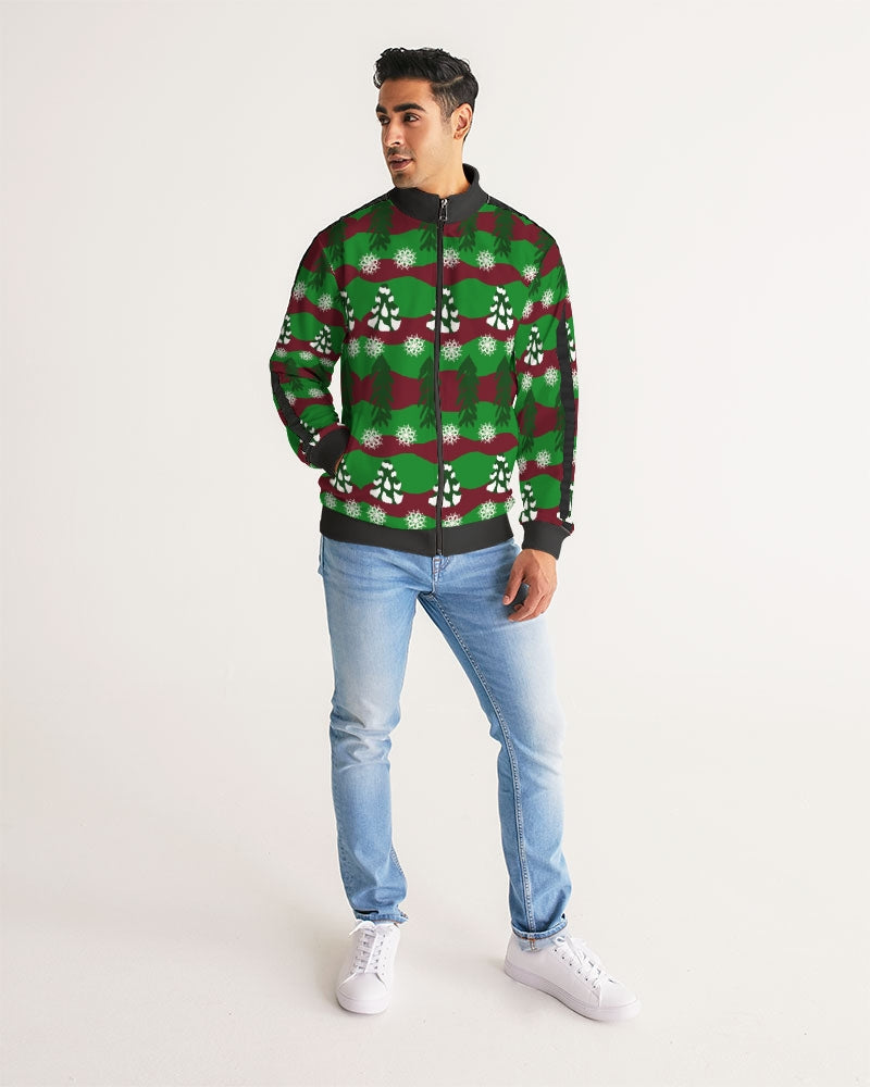 Snowy Evergreen Pattern Men's Stripe-Sleeve Track Jacket
