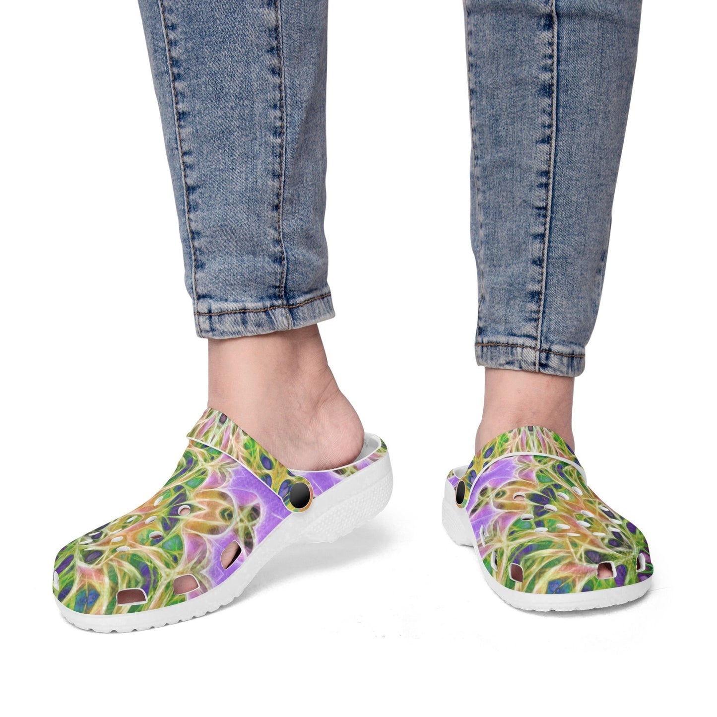 Green and Purple Kaleidoscope 413. All Over Printed Clogs