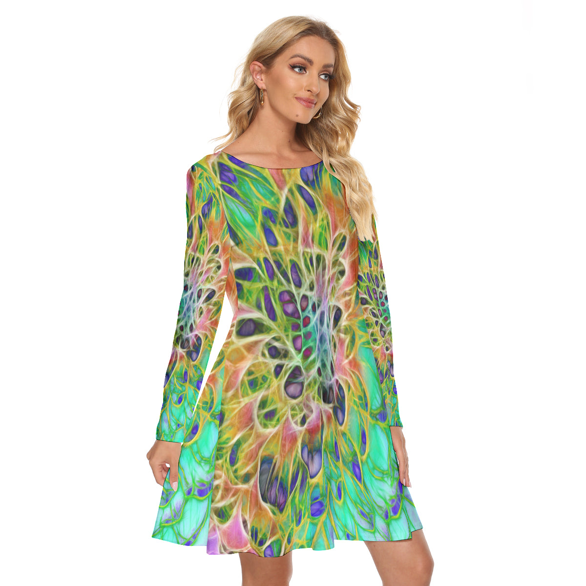Peacock Chrysanthemum All-Over Print Women's Crew Neck Dress