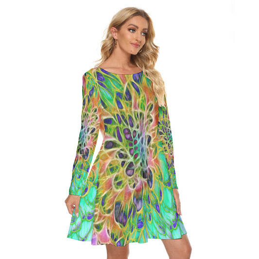 Peacock Chrysanthemum All-Over Print Women's Crew Neck Dress