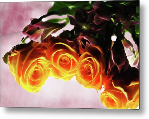 Mini Orange Roses on Pink - Metal Print
