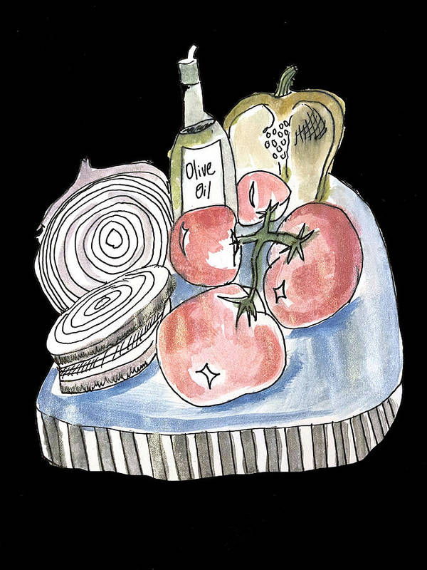 Olive Oil Veg Board Watercolor - Art Print