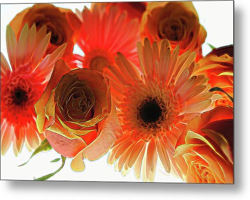 Orange Rose Pink Daisy - Metal Print