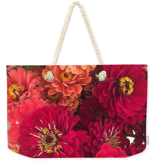 Peach and Pink Zinnias - Weekender Tote Bag