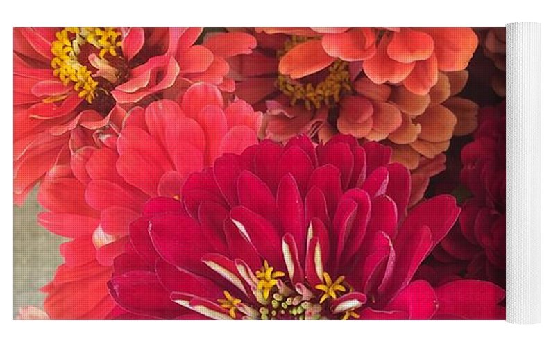 Peach and Pink Zinnias - Yoga Mat