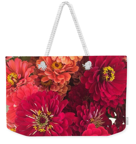 Peach and Pink Zinnias - Weekender Tote Bag