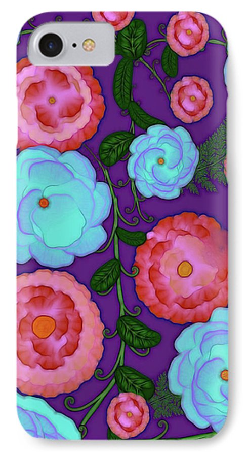 Pink and Blue Flowers On Purple - Phone Case