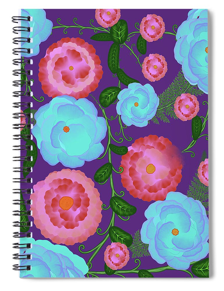 Pink and Blue Flowers On Purple - Spiral Notebook