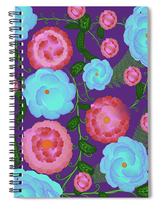 Pink and Blue Flowers On Purple - Spiral Notebook