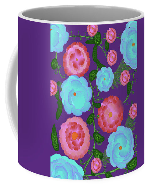 Pink and Blue Flowers On Purple - Mug
